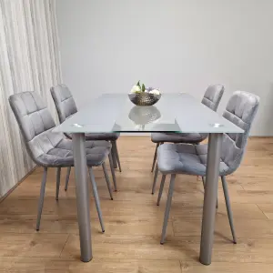 Grey Clear Glass Dining Table With 4 Grey Tufted Velvet Chairs Dining Set