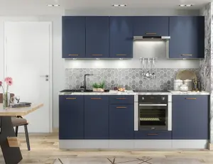 Kitchen Cabinet 8 Unit Set 240cm Navy Blue / Grey Base Wall Copper Handle Nora