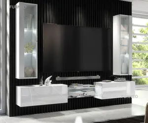 Furneo White Floating TV Unit High Gloss Matt Living Room Set Display Cabinets Art01/02 White LED Lights