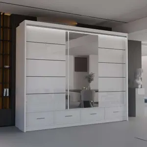 Sliding Wardrobes 4U Bradford Modern High Gloss Sliding Door Wardrobe in 3 Colors & Sizes - (White - W2550mm, H2200mm)