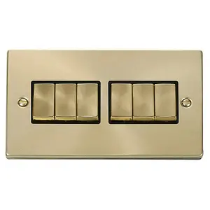 Satin / Brushed Brass 10A 6 Gang 2 Way Ingot Light Switch - Black Trim - SE Home