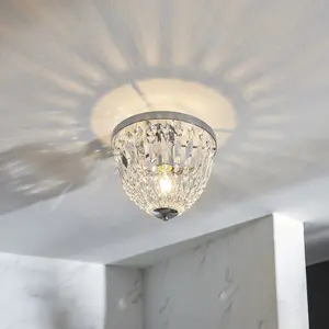 Decorative Flush Bathroom Ceiling Light Fitting - Clear Glass Faceted Crystals