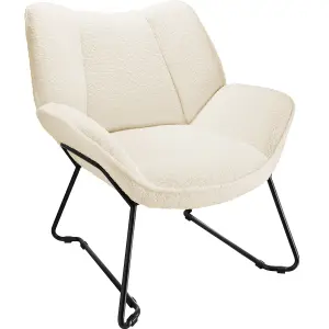 Armchair Kjeld - cosy bouclé fabric, wingback design, sleek steel frame - cream-white