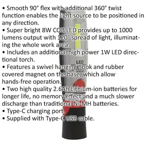 Rechargeable Inspection Light - 8W COB & 1W SMD LED - Flex & Twist Function