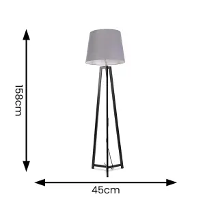 ValueLights Lottie Black Wood Tripod Floor Lamp with Grey Tapered Shade - LED Bulb Included