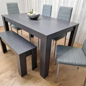 Dining Table and 4 Chairs With Bench Black Dark Grey 4 Grey Leather Chairs Wood Dining Set Furniture