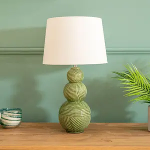 ValueLights Avery Green Ceramic Stacked Balls Table Lamp with a White Tapered Fabric Shade - Bulbs Included