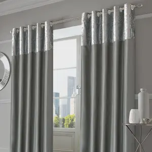 Sienna PAIR of Crushed Velvet Band Curtains Fully Lined Eyelet Ring Silk Window Treatment Panels - Silver Grey, 46" x 54"