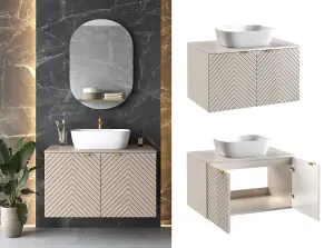 Bathroom Countertop Vanity Sink Unit 800mm Herringbone Ribbed Beige Modern Wall Mounted Cabinet Cara