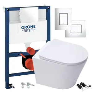 Gloss White Hidden Fixation Rimless Wall Hung Toilet Pan & GROHE 0.82m Concealed WC Cistern Frame