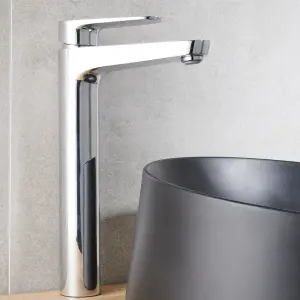 GoodHome Cavally Tall Chrome effect Round Sink or worktop Mono mixer Tap