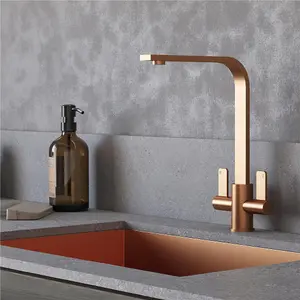 Liquida EB401CP Monobloc Flat Style Modern Dual Lever Copper Kitchen Mixer Tap