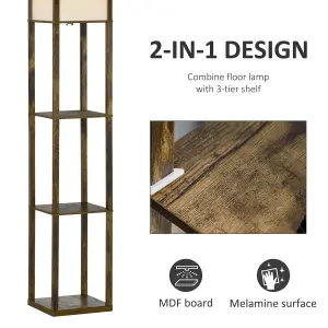 HOMCOM Floor Lamp Reading Lamp with 3-Tier Storage Shelf for Home Office Brown