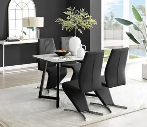 Furniturebox UK Carson White Marble Effect Dining Table & 4 Black Willow Chairs