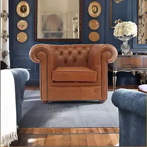 Chesterfield Handmade Low Back Club ArmChair Old English Tan Real Leather In Classic Style