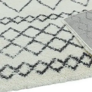 Cream Grey Geometric Luxurious Modern Shaggy Easy To Clean Rug Dining Room-80cm X 150cm