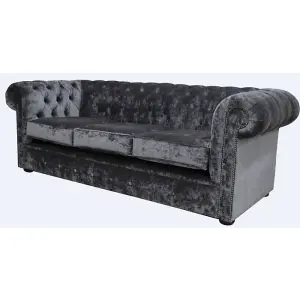 Chesterfield Genuine 3 Seater Sofa Settee Modena Steel Grey Velvet Fabric In Classic Style