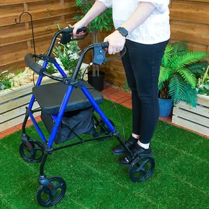 4 Wheeled Rollator - Foldable Height Adjustable Mobility Aid Walking Frame with Seat & Storage Bag - H81-105 x W57 x D90cm, Blue