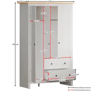 Vida Designs Arlington White 3 Door 2 Drawer Wardrobe (H)1800mm (W)1090mm (D)520mm