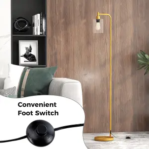 COSTWAY Industrial Floor Lamp Standing Lamp with Hanging Glass Lampshade & Foot Switch Golden