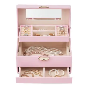 2-Layer Pink PU Leather Jewellery Box with Hidden Drawer and Velvet Lining