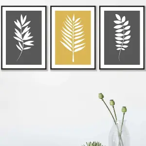 Set of 3 Grey Yellow Graphical Leaves Wall Art Prints / 42x59cm (A2) / Black Frame