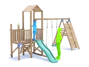 Dunster House Wooden Climbing Frame with Two Swings, Tall Climbing Wall & Slide BalconyFort High Platform