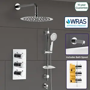 Flora Chrome Round 3 Way Concealed Thermostatic Shower Mixer Set - Slider Rail, Shower Head, Handset & Bath Filler Spout