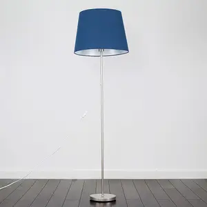 ValueLights Modern Floor Lamp In Brushed Chrome Metal Finish With Extra Large Navy Blue Shade