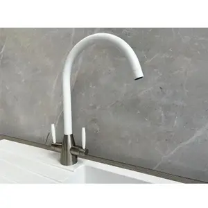 Liquida LB01WH Swan Neck Twin Lever Brushed Steel and White Kitchen Tap