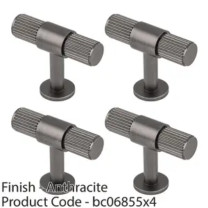 4 PACK - Lined Reeded T Shape Pull Handle - 50 x 13mm - Anthracite Grey Cabinet Handle