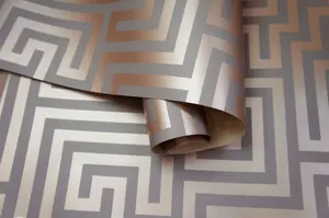 Holden Metallic Glistening Industrial Maze Geometric Geo Wallpaper Roll Grey Rose Gold 12914