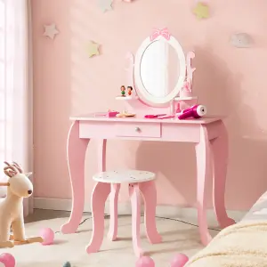 Costway 2-in-1 Kids Vanity Set Wooden Vanity Table w/ Stool Oval Rotatable Mirror