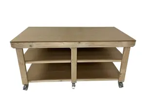 Workbench MDF top, large heavy-duty table (H-90cm, D-90cm, L-180cm) with wheels and double shelf