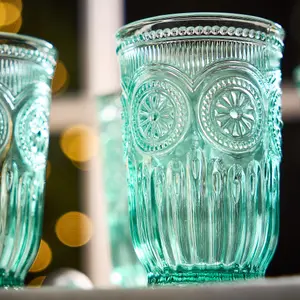 Set of 2 Luxury Embossed Green Tall Drinking Glass Tumblers 330ml