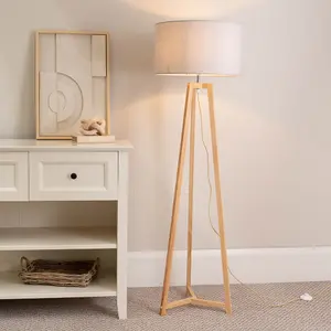 ValueLights Lottie Natural Wood Tripod Floor Lamp with Grey Drum Shade - LED Bulb Included