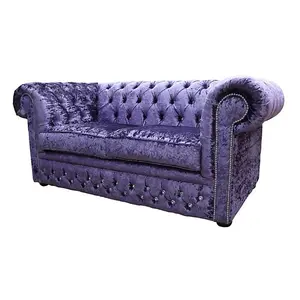 Chesterfield Crystal Diamond 2 Seater Sofa Shimmer Grape Velvet Fabric In Classic Style