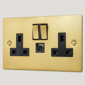 SYLVIE Double USB / USB-C Plug Socket - Brass (Black Insert)