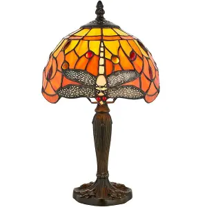 Tiffany Glass Table Lamp Light Dark Bronze Base & Orange Dragonfly Shade i00195