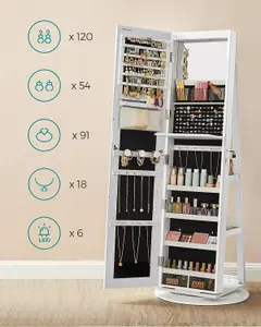 SONGMICS Full-Length Mirror Jewellery Cabinet with 6 LEDs, Free-Standing Frameless Design, Lockable, White Surface, Black Lining