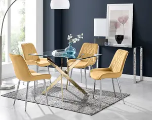 Furniturebox UK Leonardo 4 Gold Dining Table and 4 Mustard Pesaro Silver Leg Chairs