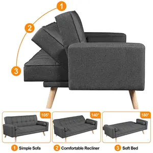 Yaheetech Dark Grey Fabric Upholstered 3 Seater Convertible Sofa Bed with Armrests and 2 Bolster Pillows