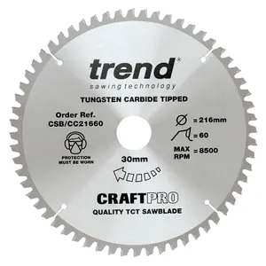 Trend CSB/CC21660 Pro Fine Finish 216mm Mitre Saw Blade 30mm Bore 60 Tooth