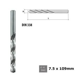 Quality Drill Bit For Metal - Fully Ground HSS DIN 338 Silver - Diameter 7.5mm - Length 109mm