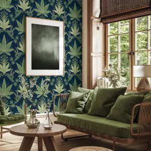 Galerie Mulberry Tree Blue Palm Leaf Wallpaper Roll