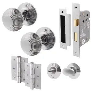 AFIT Beehive Bathroom Door Knob Set Satin Chrome - 1 Pair of Reeded Mortice Knobs (55mm), Lock (80mm) & Hinges (76mm)