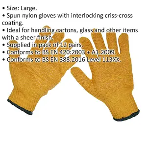 12 PAIRS Anti-Slip Handling Gloves - Large - Spun Nylon Gloves - BS EN 388