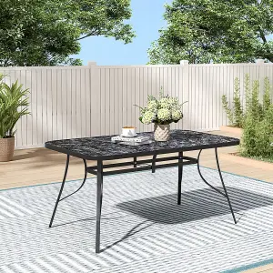 Rectangle Marbling Table Toughened Glass Patio Table with Umbrella Hole Garden Backyard 150 x 90cm