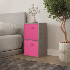 URBNLIVING 54cm Height Cedar Grey 2-Tier Cube Shelving Unit with Dark Pink Inserts