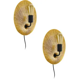 2 PACK Wall Light Colour Gold BlackFan Shaped Back Plate Plug In Bulb E27 1x60W